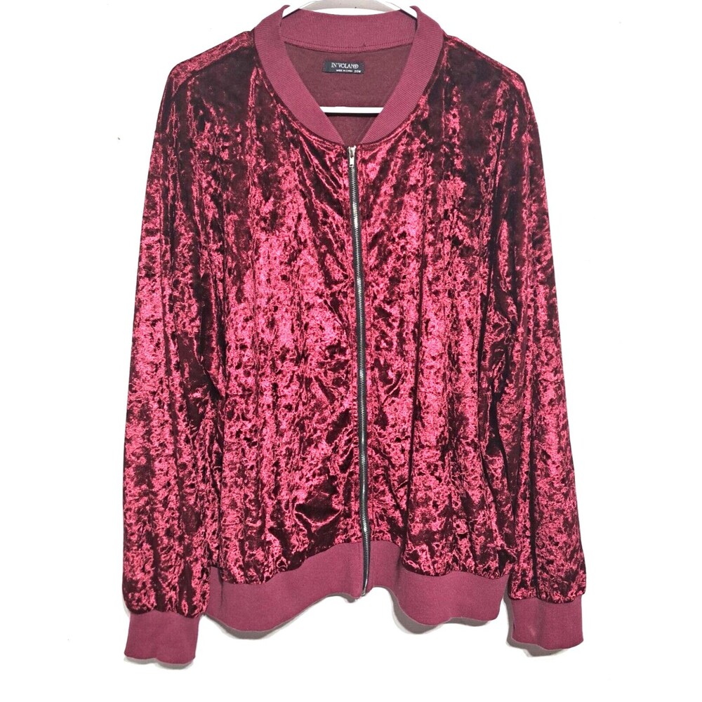 Women's In'Voland Crushed RED VELVET Zippered Bomber Cardigan Jacket Size 20W